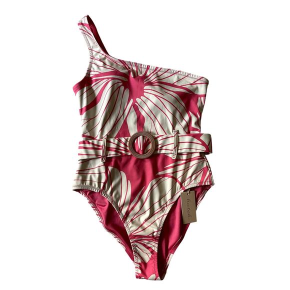 Hutch One-Shoulder Pink & White Tropical Leaf Swimsuit Size L - Picture 4 of 9